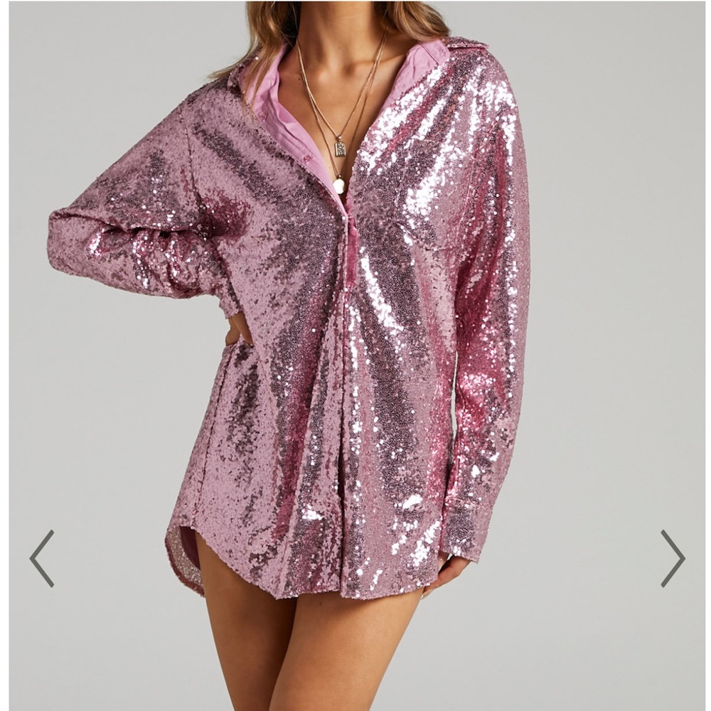 Brand New Showpo Cally Mini Dress - Oversized Shirt Dress in Lilac Sequin